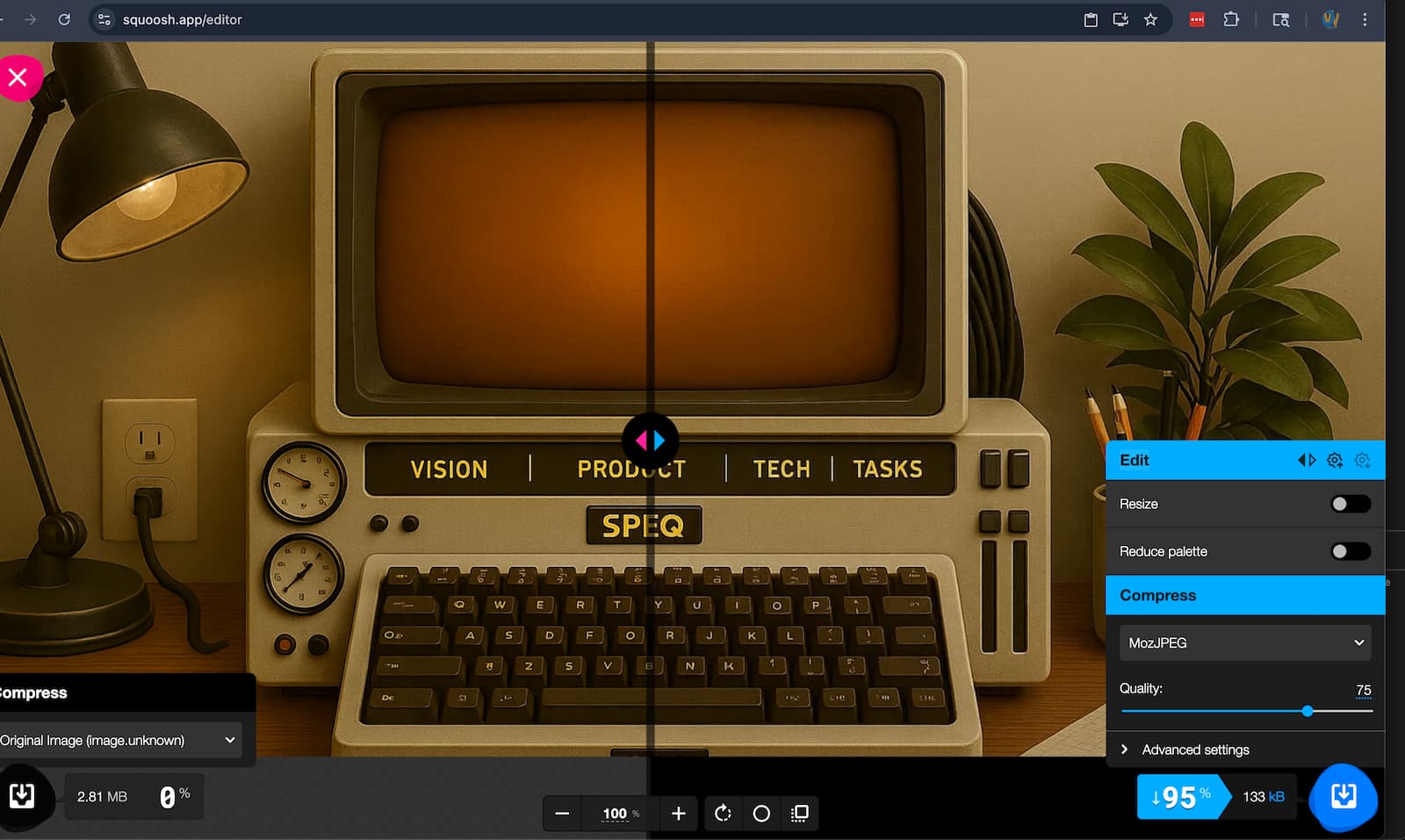 Squoosh compression example showing before and after file sizes